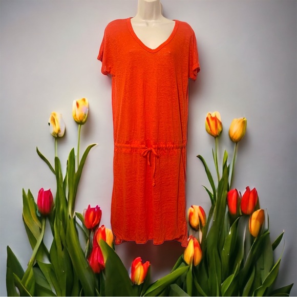 Firth‎ 100%  linen t shirt dress Hi Low Hem Drawstring waist sz L - Picture 2 of 9